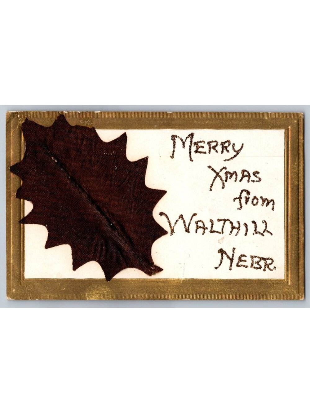 Antique 1900s Walthill Nebraska Christmas Holly Fabric Applique Postcard NE